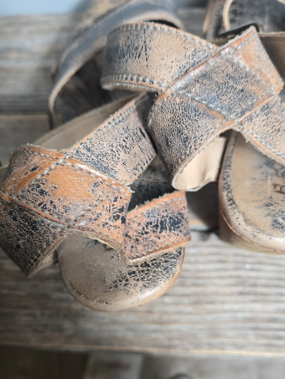 Bed Stu Distressed Vintage-Inspired Brown Platform Boho  Sandal with Wood Heel
